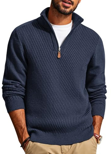 PJ PAUL JONES Mens Quarter Zip Pullover Sweater Lightweight Knitted Texture Sweater Dark Blue