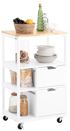 SoBuy Servierwagen mit Rollen Rollwagen mit Schubladen Küchenwagen Beistelltisch Holz mit 3 Ablagen Metalll Küchenregal im Industrial Design für Küche & Haushalt 89x53x37cm Weißnatur FKW111-WN