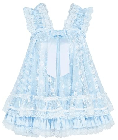 Satini Lencería Satén el marica Babydoll Volantes Volantes Bragas Camisón Negligé Cosplay Ropa de Noche Vestido (Azul Claro - Azul Claro, L)