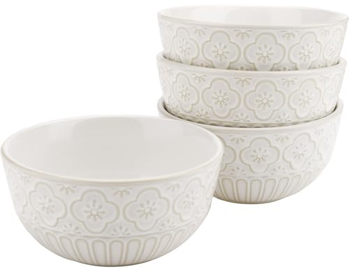 AmiCera Cereal Bowl, 750ml Dessert Bowls, 15.5cm Begonia Flower Floral Pattern Large Bowls, Set of 4, Ceramic Bowl for Rice Soup Salad Snack,White and Gold, Dishwasher & Oven Safe, Microwavable