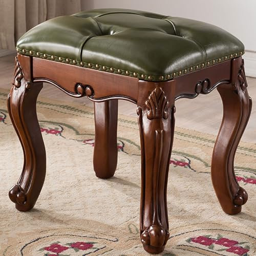 Make-up-Hocker, Schminkbank mit PU/Stoffpolsterung und geschnitztem Holzstuhl für Schlafzimmer und Wohnzimmer, blau, flach