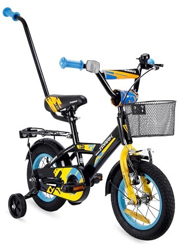 MIRAVO Kinderfahrrad 12 Zoll für Jungen von 3-4 Jahren mit Stützrädern und Schubstange - Leichtes Fahrrad für Kinder mit Korb - V-Brake Bremsen - Spark Schwarz Gelb
