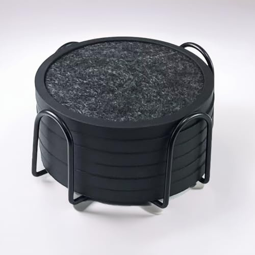 Silikon-Untersetzer Set 6 Stück - rutschfeste Getränkeuntersetzer mit 6 Saugfähigen Filzeinsätzen (Schwarz und Weiß) + Schwarzem Metallhalter, Spülmaschinenfest, 4,3 Zoll Rund