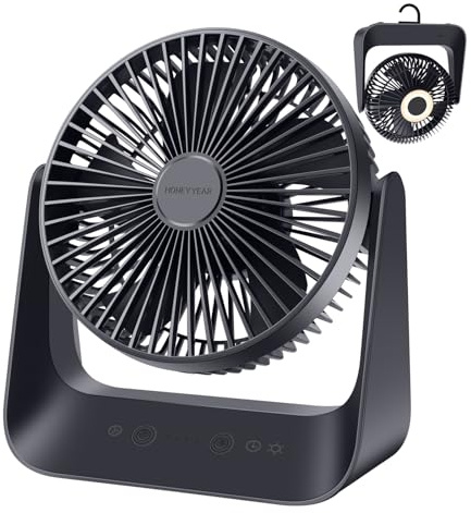 HONEYYEAR USB-Lüfter mit Thermostat-Funktion, 5000mAh Akku, 5-Stufen-Luftstrom, LED-Licht & Aufhänger - ideal für Zuhause, Büro und Reisen