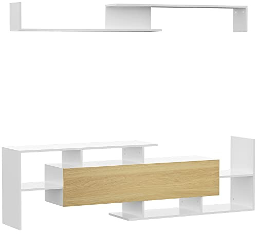HOMCOM Ensemble Meuble TV avec Banc Étagère Murale 153,6L cm Blanc Naturel