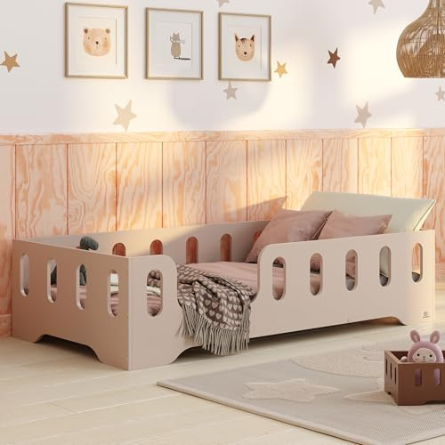 smartwood Bodenbett 70x140 cm mit Rausfallschutz, Holz, Kaschmir, TILA 2L | Montessori Kinderbett, Lattenrost belastbar bis 230 kg, FSC-Zertifikat, abgerundete Kanten, Einfache Montage, ab 3 Jahren