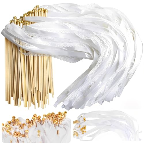 Esshogo 30 Stück Wedding Wands mit Glocke,Romantic Zauberstäbe Bänder | Spalier Hochzeit, Wedding Wands mit Glocke, Weiß Spitze Wedding Twirling Streamers, Zauberstäbe Hochzeit