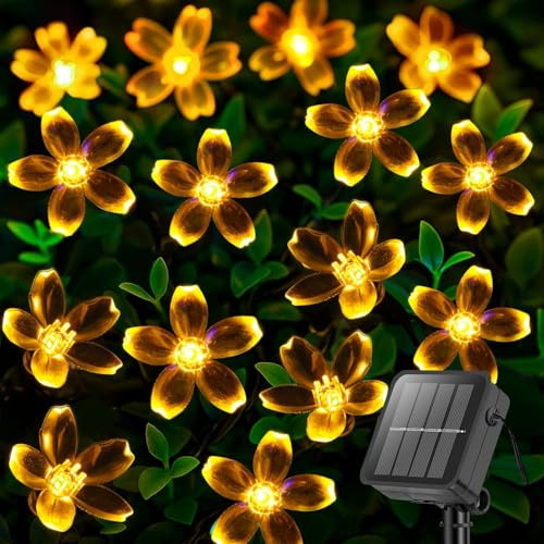 Solar-Blumen-Lichterkette für den Außenbereich, 12 m, 100 LEDs, wasserdicht, Kirschblüten-Lichterkette, 8 Modi, Sakura-Blumenlichter für Garten, Weihnachten, Party-Dekorationen (warmweiß)