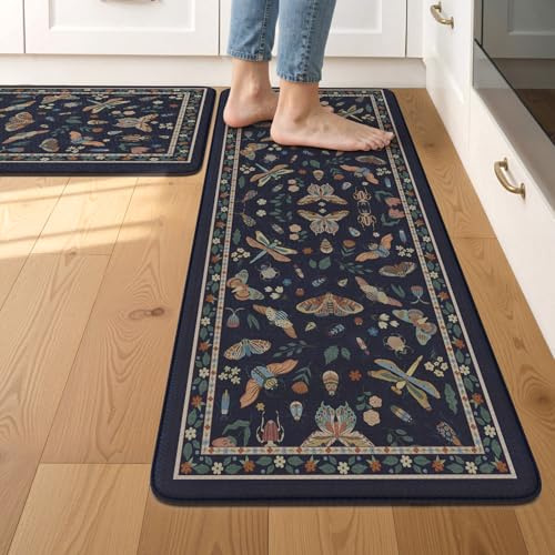 LEEVAN Anti Fatigue Mats for Kitchen Floor Non-Slip, Cushioned Kitchen Mats for Floor 2 Piece, Blue Purple Memory Foam Kitchen Mat Set, Waterproof Ergonomic Standing Mat for Bar, Office,Desk, Laundry