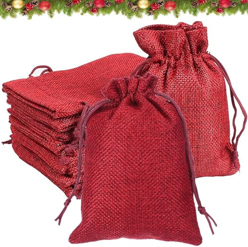 XINOUKJ 24 Jutesäckchen in 2 Größen (13x17 cm + 10x14 cm) mit Kordelzug - Adventskalender Säckchen zum Befüllen - Geschenksäckchen für Weihnachten, Hochzeit, Geburtstag (Burgund)
