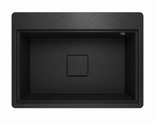 Lavello - Fregadero de Granito Negro Metálico – Fregadero de Instalación Profunda 68x49,5 cm – Ahorra espacio, fácil de cuidar, reversible, fregadero de cocina 1 cubeta – con bandeja para accesorios y