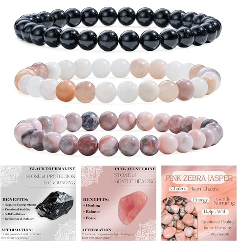 Bivei 3-teiliges Perlenarmband Damen Handgefertigter Naturstein Heilsteine Edelstein Perlen Armband, Yoga, Meditation, Schutz Geschenk