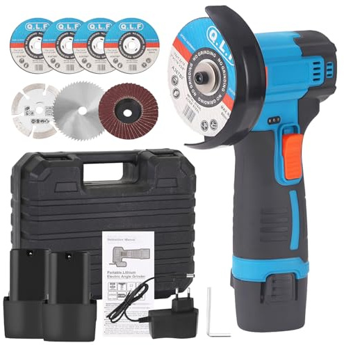 Mini Amoladora Angular Bateria, 12V 19500 RPM Amoladora Angular Profesional con 2 Baterías de 2000mAh, 7 Discos de Corte 75 MM para Cortar, Pulir y Lijar