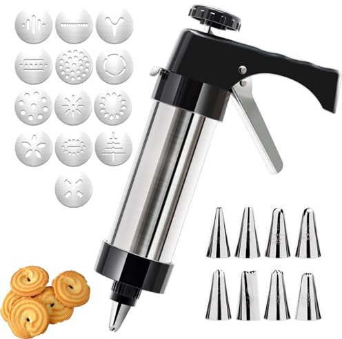 Evadollina Gebäckpresse, Garnierspritze, Plätzchenpresse aus Edelstahl, Plätzchenpresspistolen mit 13 Plätzchenscheiben und 8 Spritztüllen, für DIY, Weihnachten