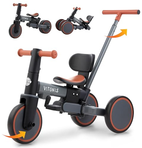 VITONIS Tricycle bébé évolutif 5 en 1, Vélos pour Enfants de 1 à 5 Ans avec Barre de poussée pour Les Enfants, Cadeaux et Jouets pour garçons et Filles (Gris)