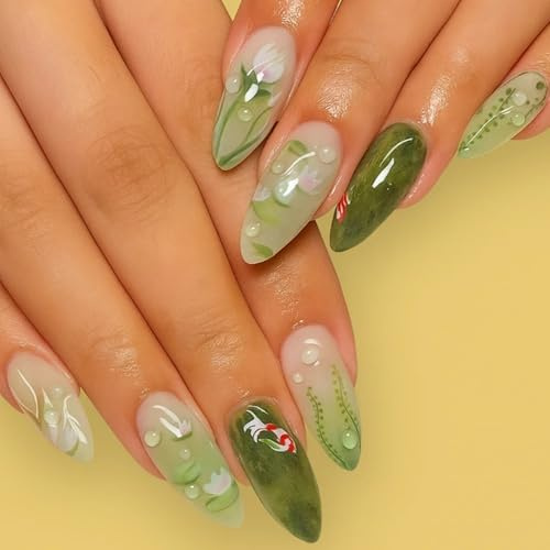 24Pcs Green Nature Almond Press on Nails with 3D Koi Fish Water Lily Floral Design - Hand Painted Realistic Water Droplet Effects Pearl Embellishments for Women Parties Weddings Daily Wear Long