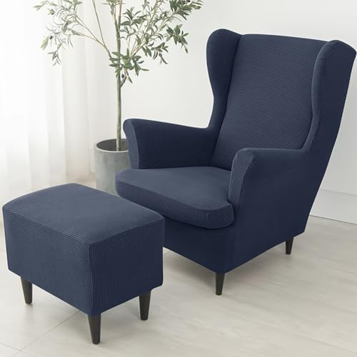Generisch 3 Teilig Ohrensessel Überzug Mit Ottomane Schonbezug, Sesselbezug Stretch + Polsterhocker, Sessel-Überwürfe Sesselhusse, Stuhlbezug Universal rutschfest Abnehmbarer,Dark Blue