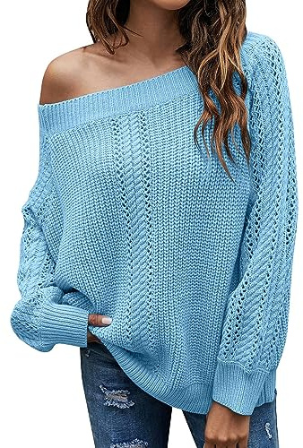 Cable Knit Jumper Women Sexy Off The Shoulder Knitted Jumpers Autumn Winter Pullover Holiday Sweaters Dressy Casual Fashion Knitwear Baggy Crochet Sweaters,Zb-Blue,M