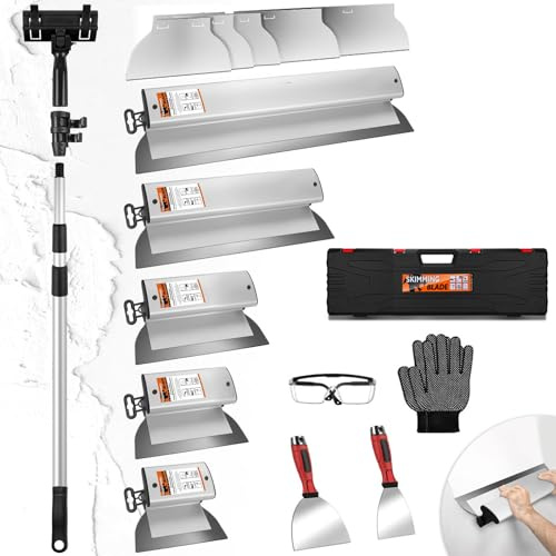 21X Flächenspachtel Set aus Edelstahl mit Aluminium Teleskopstange & Ergonomischem Griff | 15/20/25/40/60cm | Fassadenspachtel Gipserspachtel Spachtel Werkzeug zum Verputzen von Wand Decken Bau