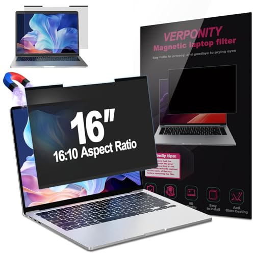 Verponity Magnetic Laptop Privacy Screen 16 Inch 16:10 Display, Removable Computer Screen Privacy Shield, Anti-Glare Blue Light Protector Compatible with Dell Hp Lenovo Acer Asus Samsung