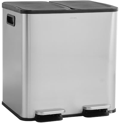 CASABEL Poubelle Cuisine Double 2x15L en Acier Inoxydable, Anti-Traces de Doigts, Couvercles Hermétiques avec Pédales, Idéale pour Tri Sélectif Cuisine, Salle de Bain ou Bureau - Chrome