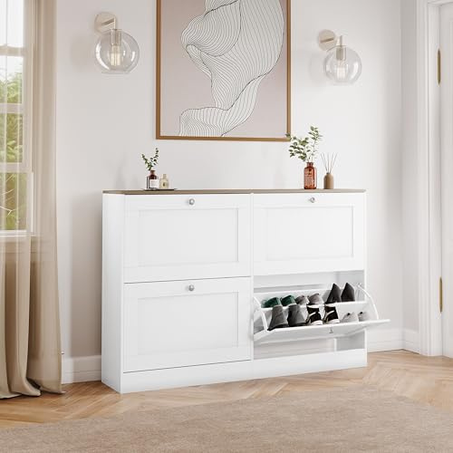 Vida Designs 4 Drawer Shoe Cabinet | White & Oak | Space-Saving Storage for 20+ Pairs | 80H x 105W x 23.5D cm | Anti-Tip | Modern Hallway Unit