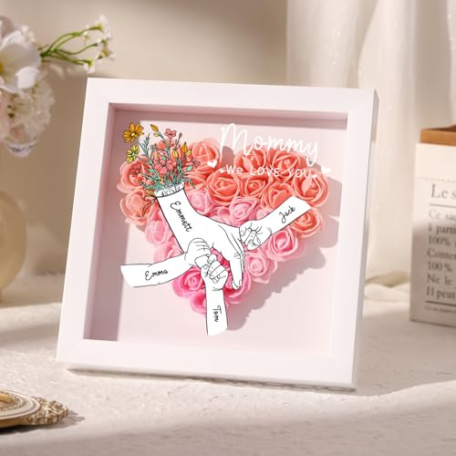 lorajewel Personalised Mother’s Day Flower Shadow Box Custom Name Heart Rose Frame Gift 23×23cm Wall Art for Mum Wife Grandma (A-Pink)