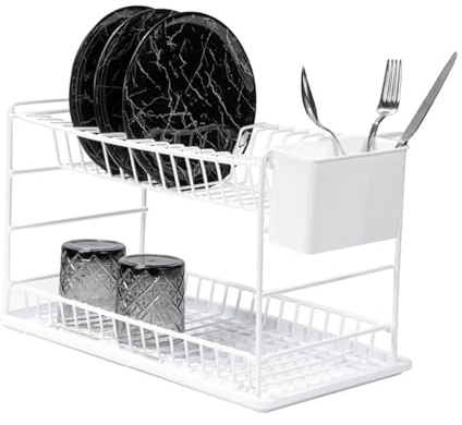TheOwnas 2 Tier Dish Drainer Rack. Metal Dish Rack with Drip Tray and Cutlery Utensil Holder. Space-Saving Kitchen Drying Rack. Rustproof Large Draning Rack. (White)