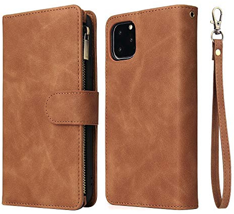 UEEBAI Wallet Case for iPhone 11, Premium Vintage PU Leather Magnetic Closure Handbag Zipper Pocket Case Kickstand Card Holder Slots with Wrist Strap TPU Shockproof Flip Cover for iPhone 11 - Brown