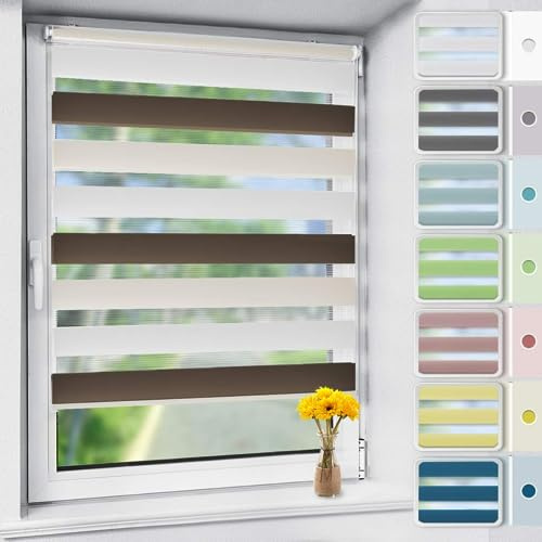 OUBO Doppelrollo Klemmfix ohne Bohren Weiß-beige-braun B90 x H130cm (Stoffbreite: 86cm), Duo Rollo für Fenster und Tür, Fensterrollo Sonnenschutz & Sichtschutz