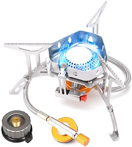HIKENTURE Réchaud de camping avec allumage piézoélectrique, réchaud à gaz de camping pliable, brûleur à gaz coupe-vent pour cartouche Coleman Primus
