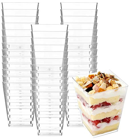 CYH 50 Stück Mini Desserttassen, 240ml Dessertschalen Plastik Quadratische Dessertbecher, Dessertgläser Klare Wiederverwendbare für Mousse Pudding Eiscreme Desserts Hochzeiten Geburtstag Party