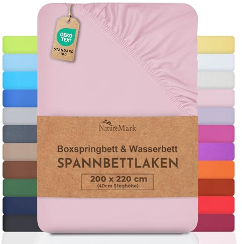 NatureMark Basic, letto a molle e letto ad acqua, lenzuolo con angoli 200 x 220 cm, altezza 40 cm, lenzuolo con angoli elasticizzati 200 x 220 cm, 100% cotone, rosa