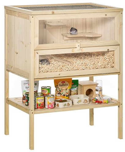 PawHut 3-Tier Wooden Hamster Cage Mice and Rat Cage Small Animals Hutch with Openable Top, Front Door, Storage Shelf, Natural Wood