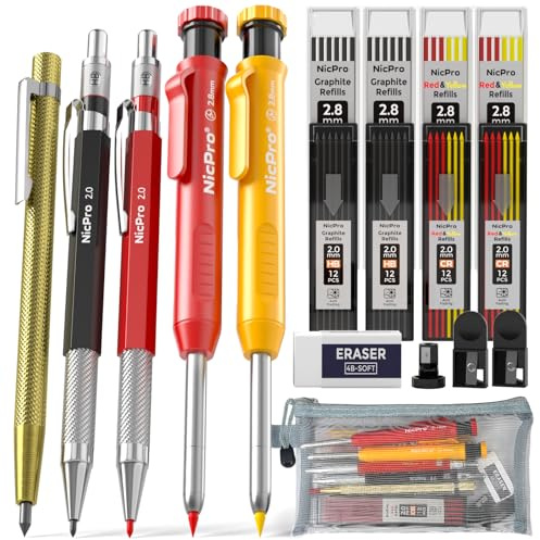 Nicpro Tischler Bleistifte Set, 5 Solide Zimmermannsbleistifte mit 72 Minen, Schreiner Bleistifte Marker, Druckbleistift mit Eingebauter Spitzer für Holzbearbeitung, Baustelle, Winkel, Speedmarker
