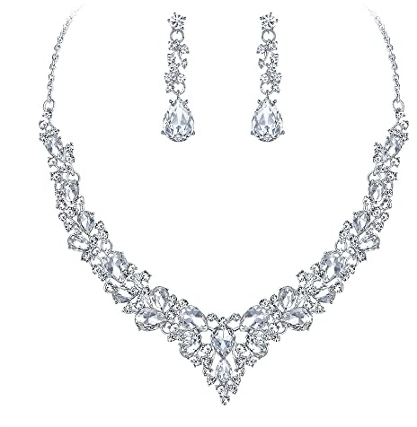 Ever Faith Wedding Bridal Crystal Sparkly Rhinestone Teardrop Cluster Statement Necklace Dangle Earrings Jewellery Set for Women Clear Silver-Tone
