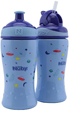 Nuby - Confezione da 2 bottiglie per il latte senza perdite - Bottiglia con beccuccio Flip-it da 360ml + Bottiglia pop-up per bambini - senza BPA - Blu - 12+ mesi e 18+ mesi