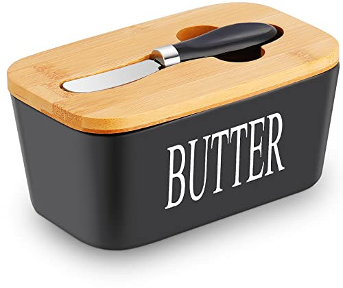 Large Butter Dish with Lid and Knife, European Size Porcelain Butter Container, Butter Box for Butter, Nuts, Cheese, 650ml (Black)