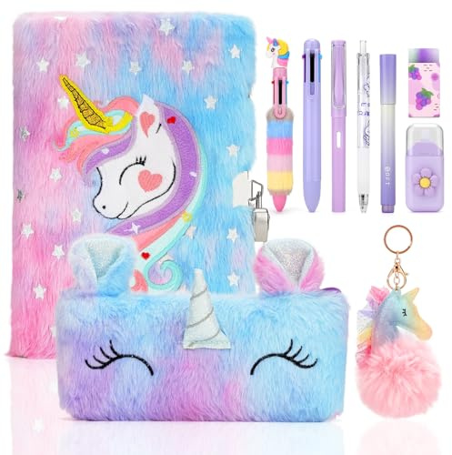 TOYESS Diario Segreto con Lucchetto, Diario Segreto Bambina con Unicorno di Peluche, Astuccio di Peluche, Ciondolo Unicorni, Cancelleria Bambini, Regalo Bambina, Rosa