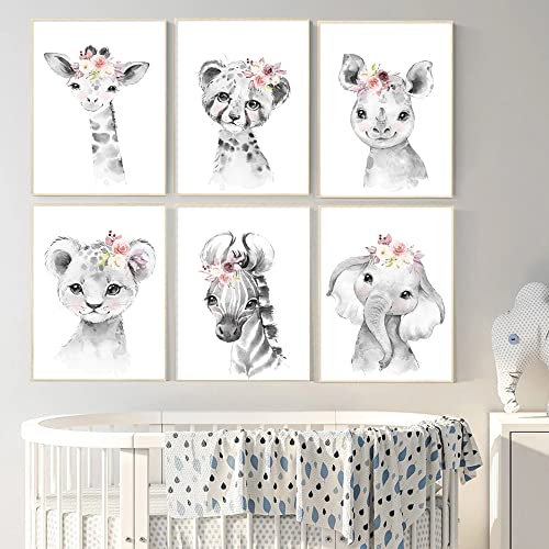 Youihom 6 Bild Kinderzimmer Mädchen Tere Giraffe Löwe Poster Babyzimmer Waldtiere Bilder Leinwand Kinder Baby Geschenk 21x30cm Kunstdrucke ohne Rahmen