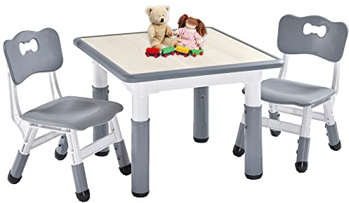 FUNLIO Mesa Infantil con 2 Sillas para Niños de 3 a 8 años, Mesa Niños Infantil de Altura Ajustable, Escritorio Niño Fácil de Limpiar, para Aulas/Hogares, Aprobado por CPC y CE (3 Piezas) - Gris