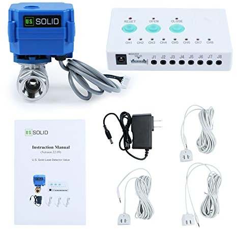 U.S. Solid Water Leak Detector - Water Alarm Leak Detect System with 1/2” Automatic Shut-Off Stainless Steel Motorized Ball Valve, Controller and 3 Sensors and Sound Alarm