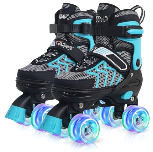 Kids Roller Skates for Girls, Teal Adjustable Rollerskates with Light Up Wheels for Big Kids Ages 6-12 7 8 9 10, Beginners Outdoor Sports, Best Birthday Gift for Kids
