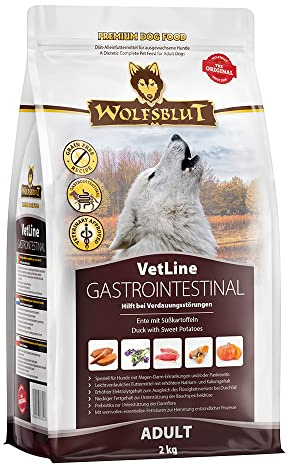 WOLFSBLUT – VetLine Gastrointestinal | Diät Trockenfutter für ausgewachsene Hunde mit Magen-Darm-Erkrankungen. Geteidefreies Alleinfutter im Beutel | 2kg Ente mit Süßkartoffeln