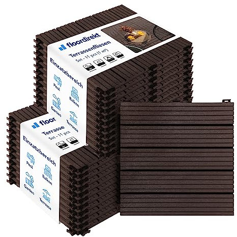 Floordirekt Fliesen 30x30 cm, 2m² = 22 Terrassenfliesen, Klickfliesen, Balkonfliesen in Holzoptik - Bodenbelag für Balkon & Terrasse - wetterfest mit Drainagefunktion | Braun | Claire