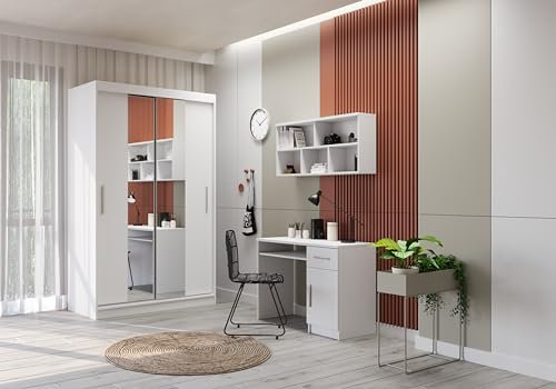 Fabryka Mebli Idźczak Kinderzimmer-Set Jugendzimmer-Set Tobby SB 01 - Schrank, Wandregal, Schreibtisch, alufarbige Griffe – Minimalistischer Stil - Modern Design - Weiß