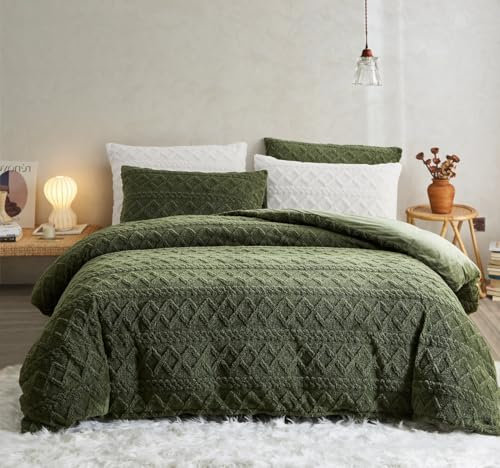 Sedefen Flauschig Bettwäsche 220x240 cm Grün Biber Flanell Fleece Geometrischmuster Cashmere Touch Winterbettwäsche Warme Sherpa Bettbezug und 1 Kissenbezug 80x80cm mit Reißverschluss