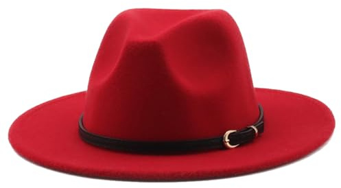 HEYANN Klassisk Fedorahatt med brett brätte, män, kvinnor, ullfilt, Fedora, jazzhatt, retro, Panama Fedora-hattar, gentleman, jazzmössa med bältesspänne för strandfest, Röd, L