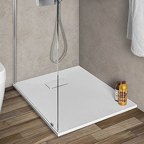 Piatto doccia 80x90 cm bianco effetto pietra in resina, ultra slim con spessore 3 cm, riducibile su misura, AGORA’