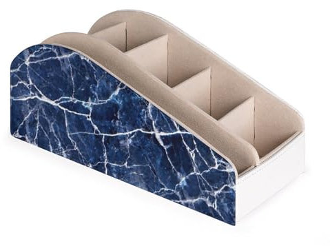 Elegante soporte para mando a distancia de TV de piel sintética con 6 compartimentos, organizador de mando a distancia de mármol azul, bandeja para bolígrafo, soporte para mesita de noche, escritorio,